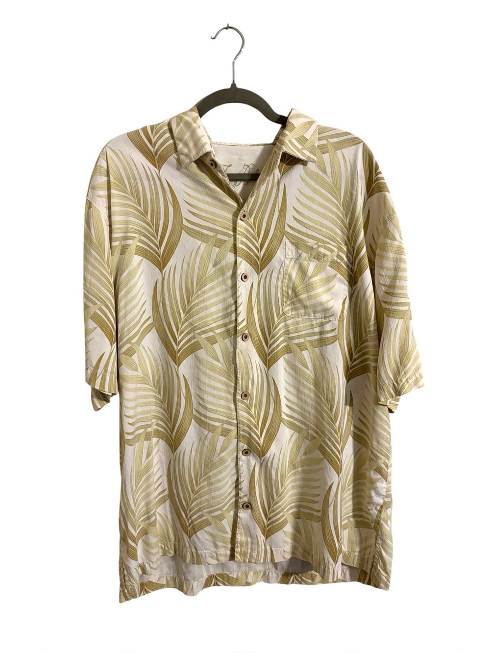 Tommy‎ Bahama Tan Leaves 100% Silk Button Up Shirt XL FLAW